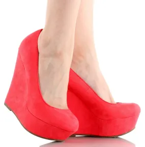 Faux Suede Round Toe Platform Women Wedge Pumps