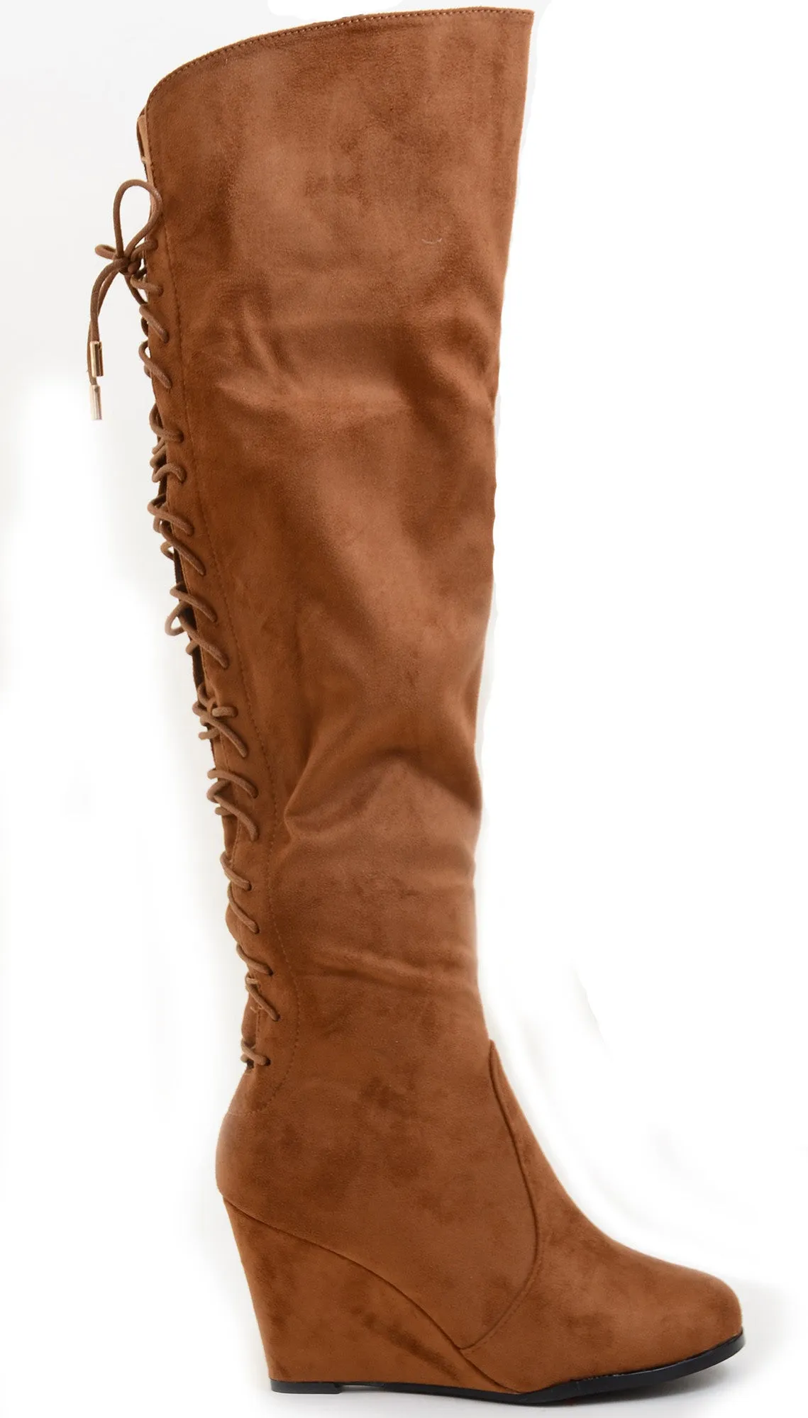 Lace Detailing Camel Over The Knee Wedge Boots Vegan Suede